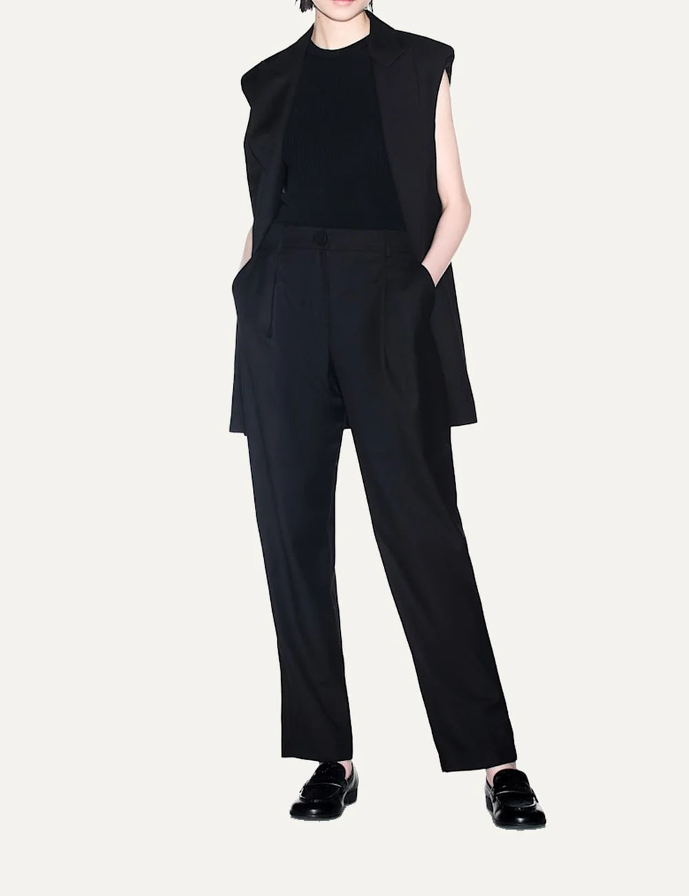 Women's Armani Exchange black tailored waistcoat with peak lapels, single-button closure and embroidered logo full body