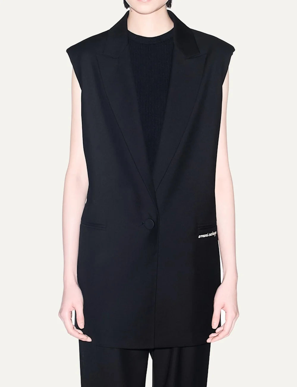 Women's Armani Exchange black tailored waistcoat with peak lapels, single-button closure and embroidered logo model