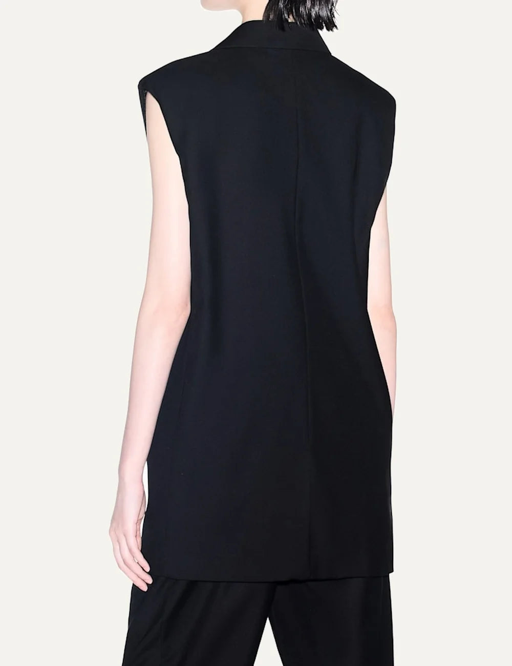 Women's Armani Exchange black tailored waistcoat with peak lapels, single-button closure and embroidered logo back