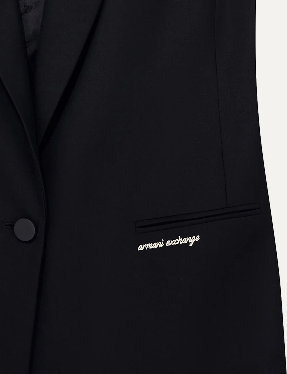 Women's Armani Exchange black tailored waistcoat with peak lapels, single-button closure and embroidered logo detail