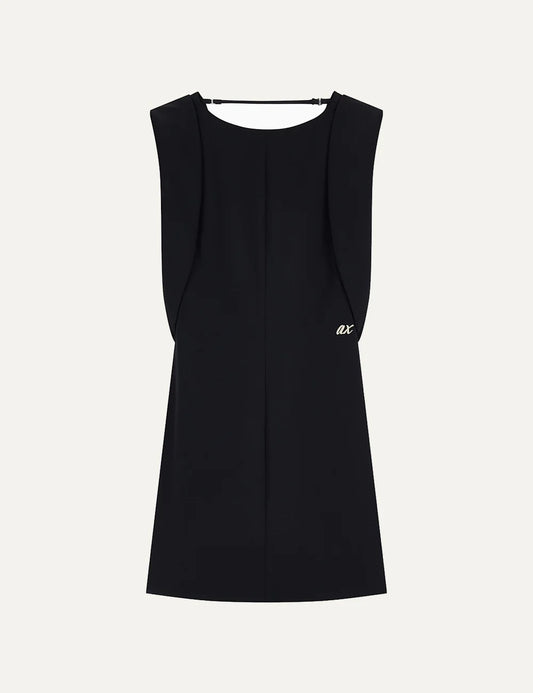 Women's Armani Exchange black sleeveless slim-fit twill dress with structured shoulders and metallic A|X logo