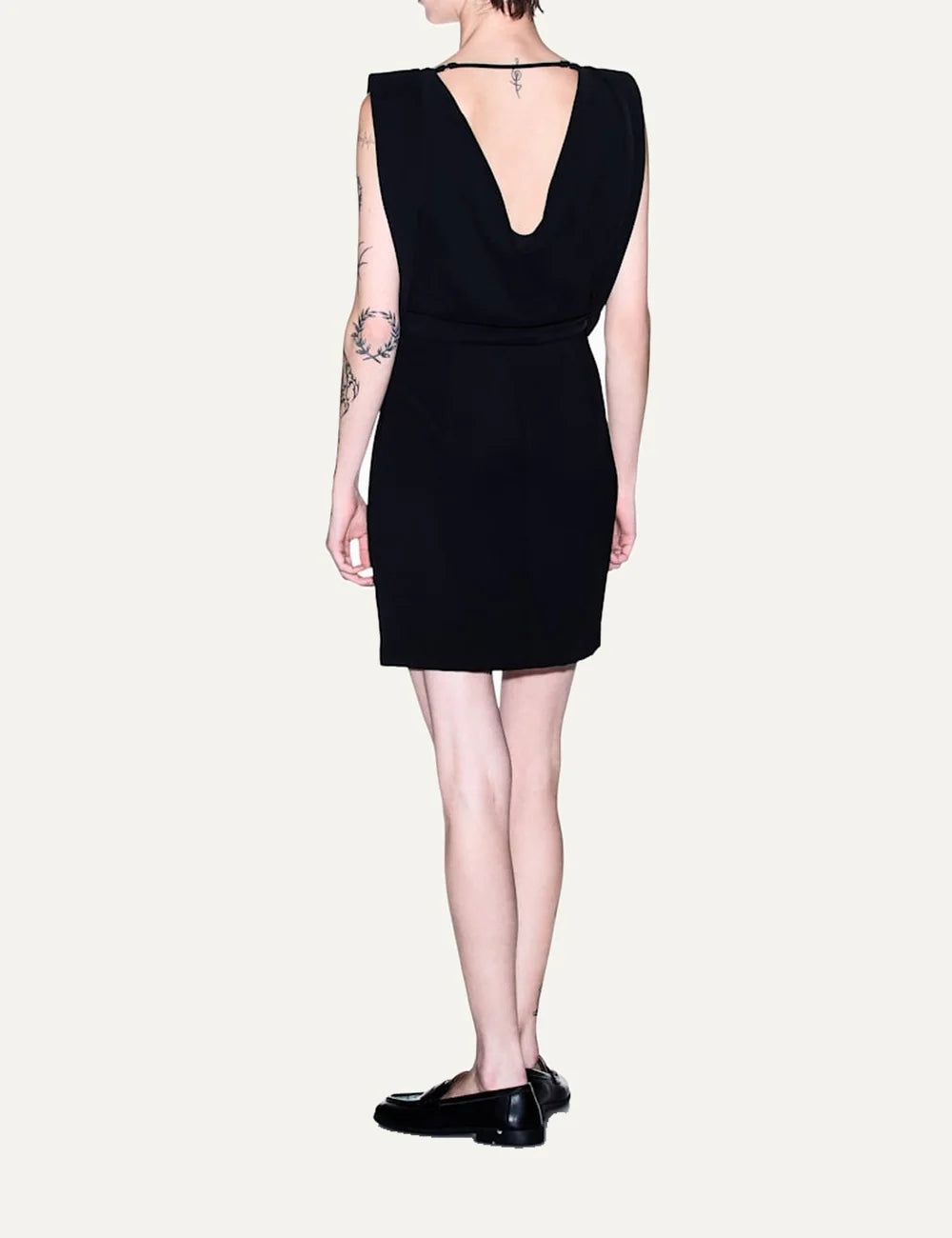 Women's Armani Exchange black sleeveless slim-fit twill dress with structured shoulders and metallic A|X logo back