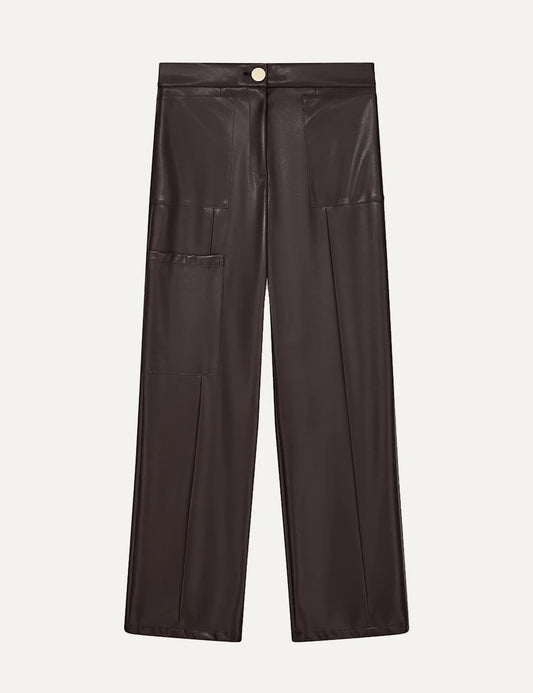 Women's Armani Exchange dark brown coated wide-leg trousers with high waist and utility patch pockets