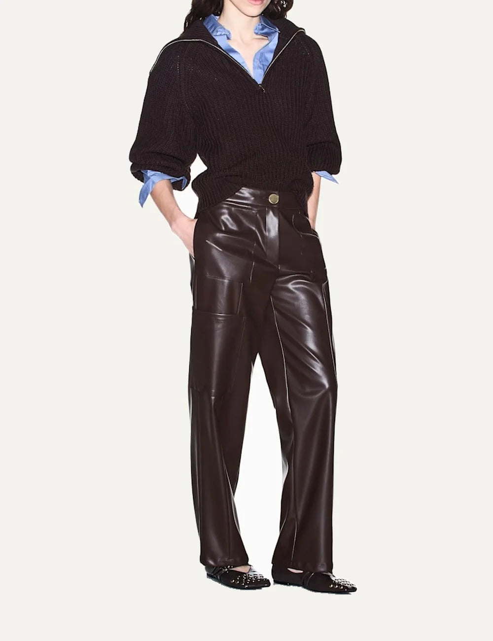 Women's Armani Exchange dark brown coated wide-leg trousers with high waist and utility patch pockets full body