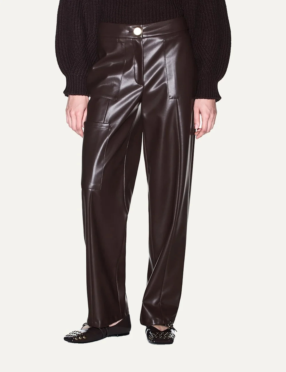 Women's Armani Exchange dark brown coated wide-leg trousers with high waist and utility patch pockets model