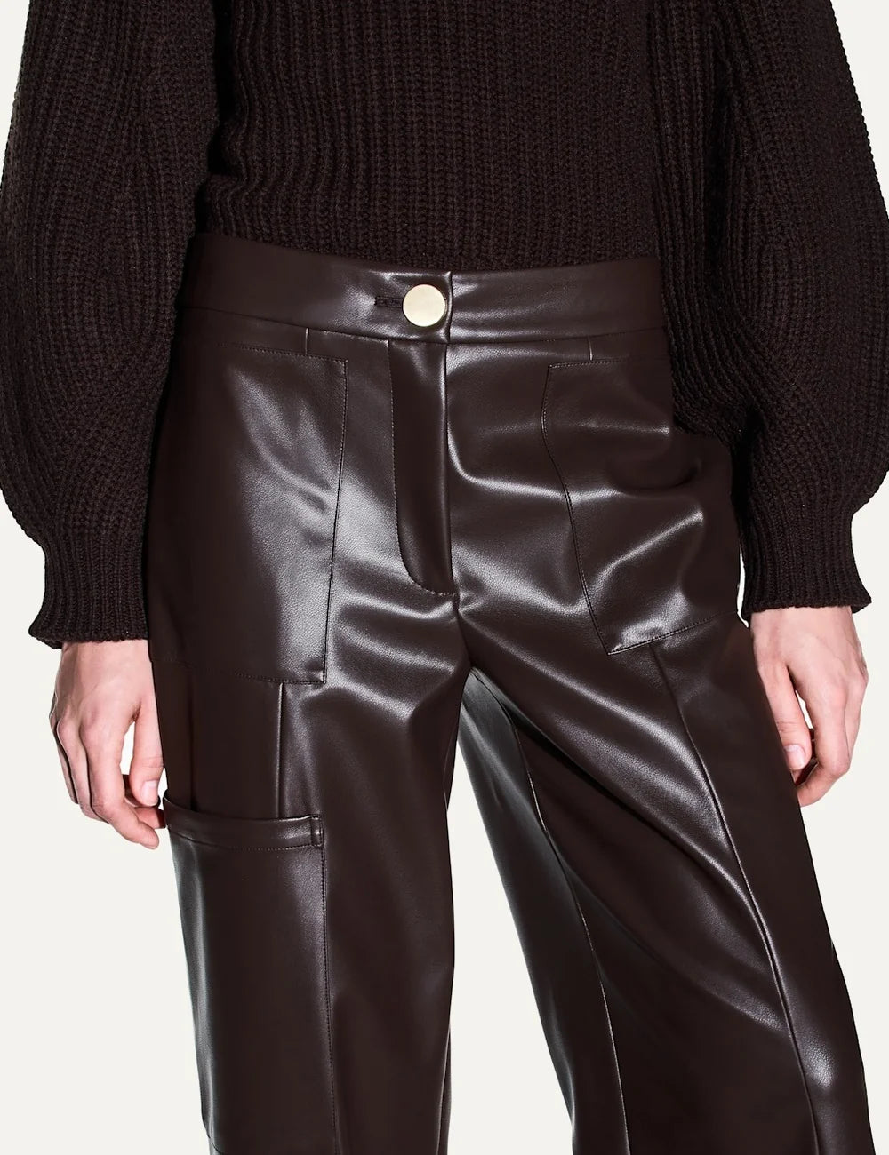 Women's Armani Exchange dark brown coated wide-leg trousers with high waist and utility patch pockets detail