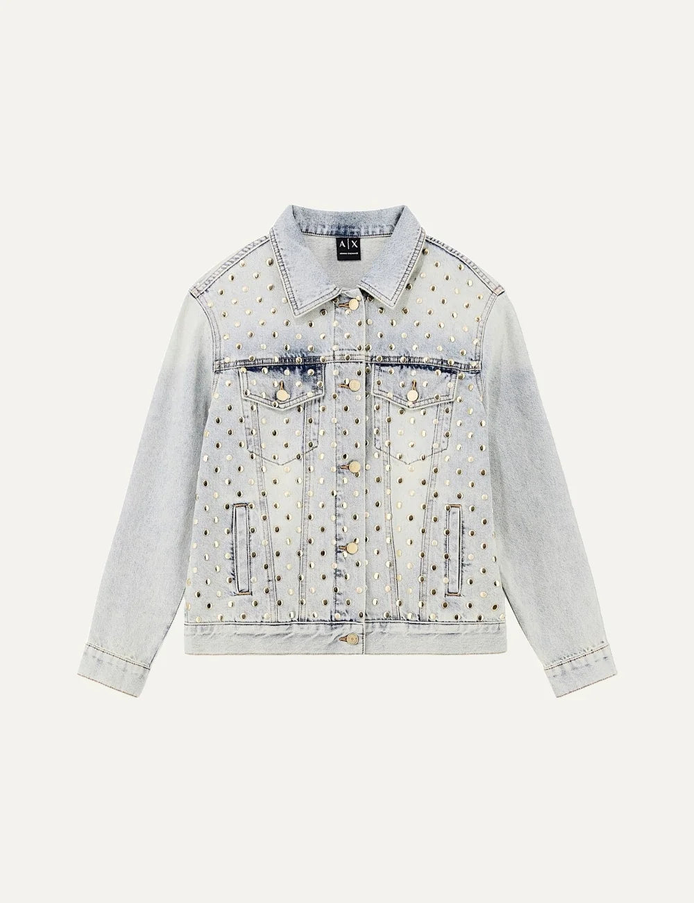 Women's Armani Exchange light blue rigid denim jacket with all-over metal studs, pointed collar, button closure and flap pockets