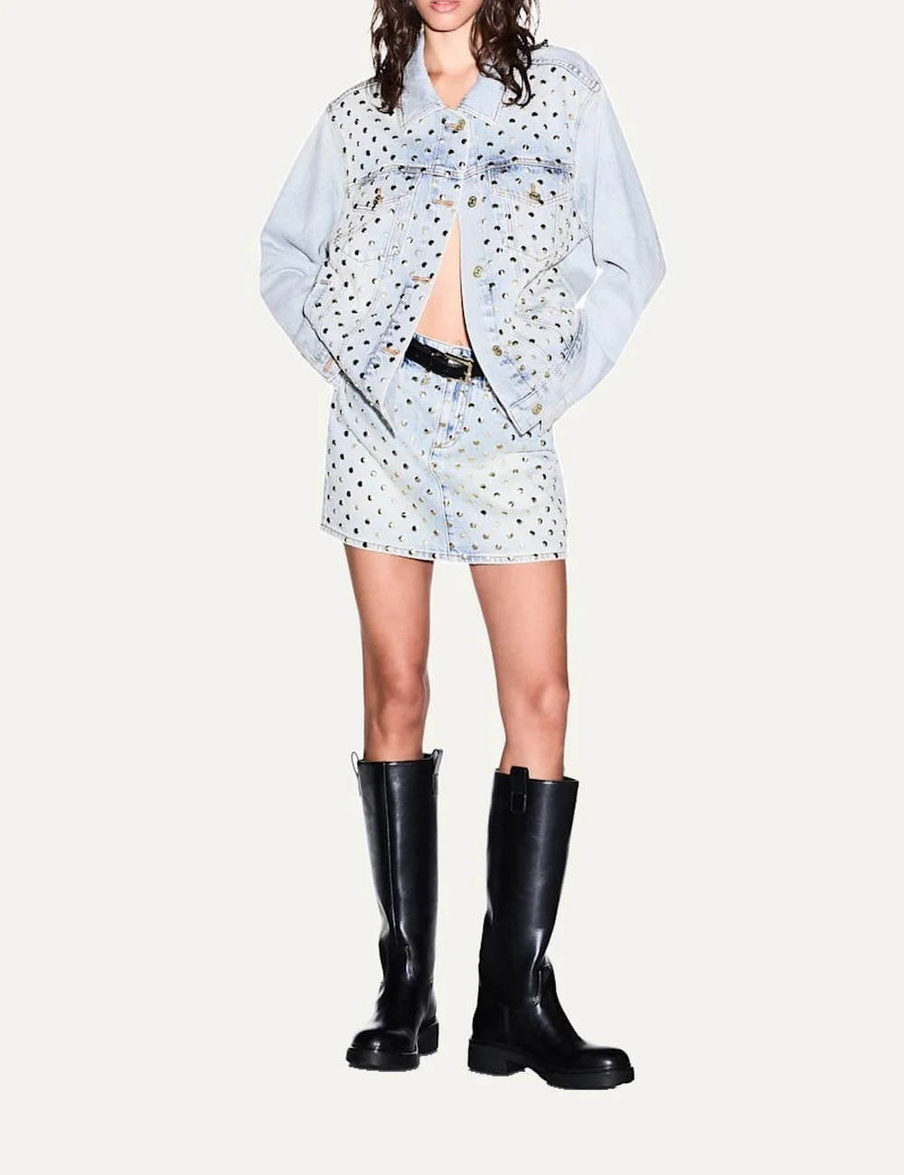 Women's Armani Exchange light blue rigid denim jacket with all-over metal studs, pointed collar, button closure and flap pockets full body