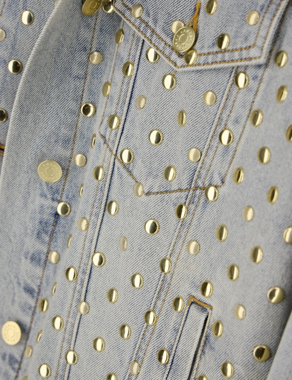 Women's Armani Exchange light blue rigid denim jacket with all-over metal studs, pointed collar, button closure and flap pockets detail