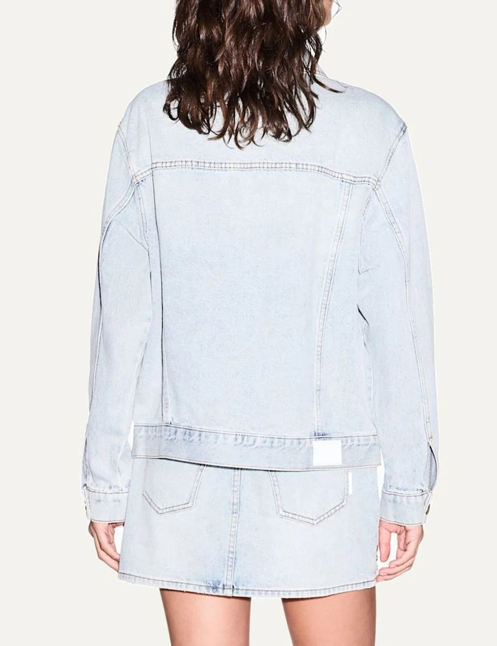 Women's Armani Exchange light blue rigid denim jacket with all-over metal studs, pointed collar, button closure and flap pockets back