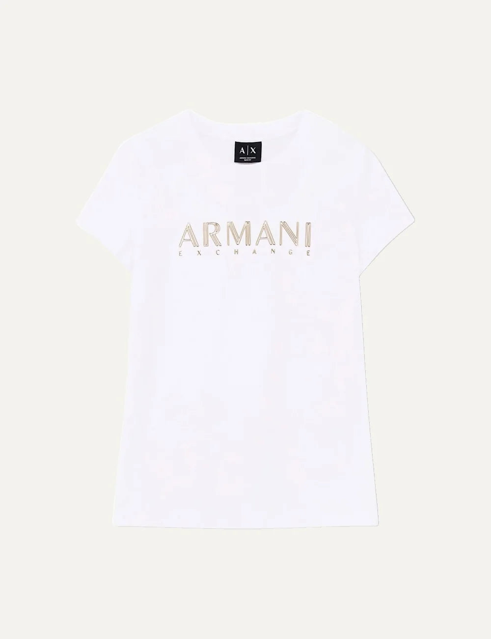 Women's Armani Exchange white slim-fit cotton stretch T-shirt with crew neck, short sleeves and metallic front logo