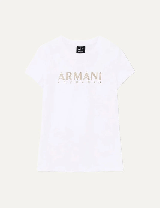 Women's Armani Exchange white slim-fit cotton stretch T-shirt with crew neck, short sleeves and metallic front logo