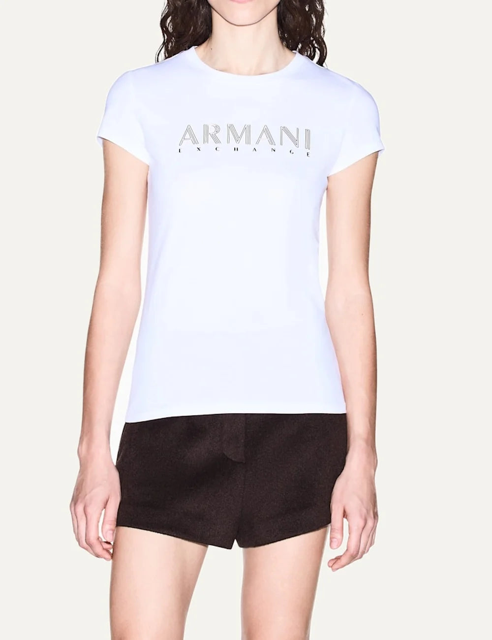 Women's Armani Exchange white slim-fit cotton stretch T-shirt with crew neck, short sleeves and metallic front logo model