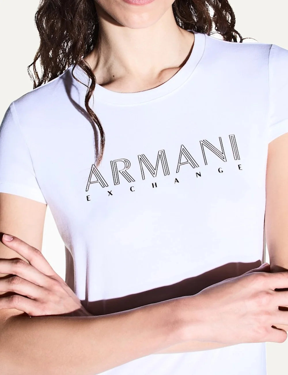 Women's Armani Exchange white slim-fit cotton stretch T-shirt with crew neck, short sleeves and metallic front logo logo