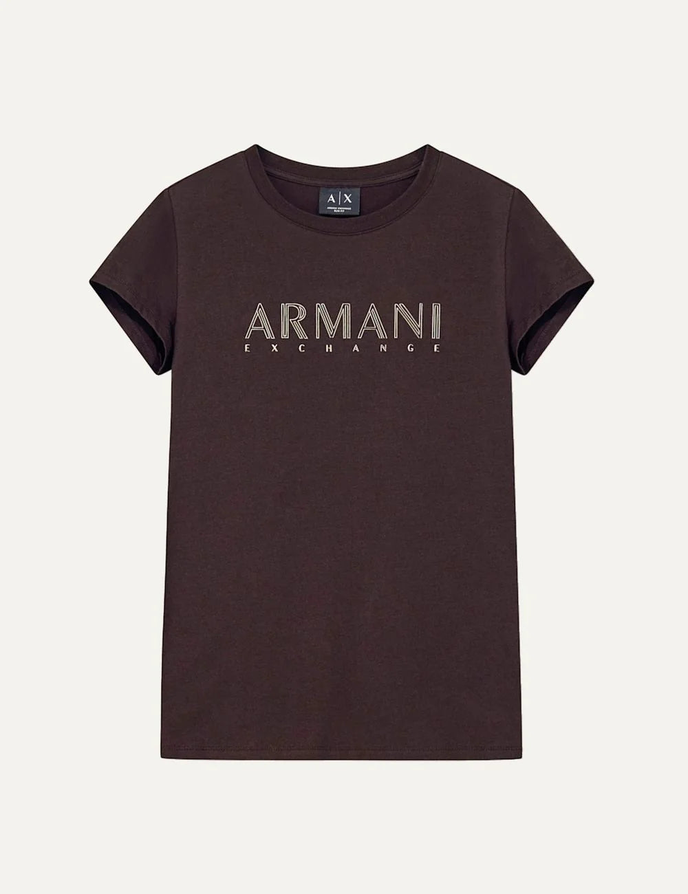 Women's Armani Exchange dark brown slim-fit cotton stretch T-shirt with crew neck, short sleeves and metallic front logo