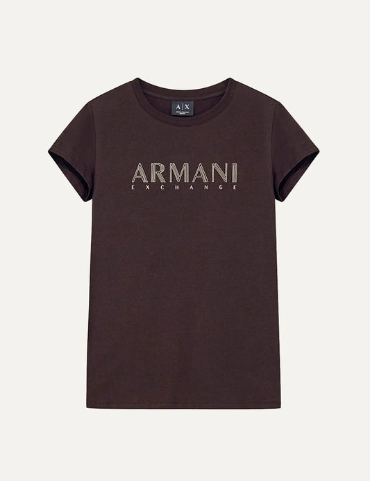 Women's Armani Exchange dark brown slim-fit cotton stretch T-shirt with crew neck, short sleeves and metallic front logo