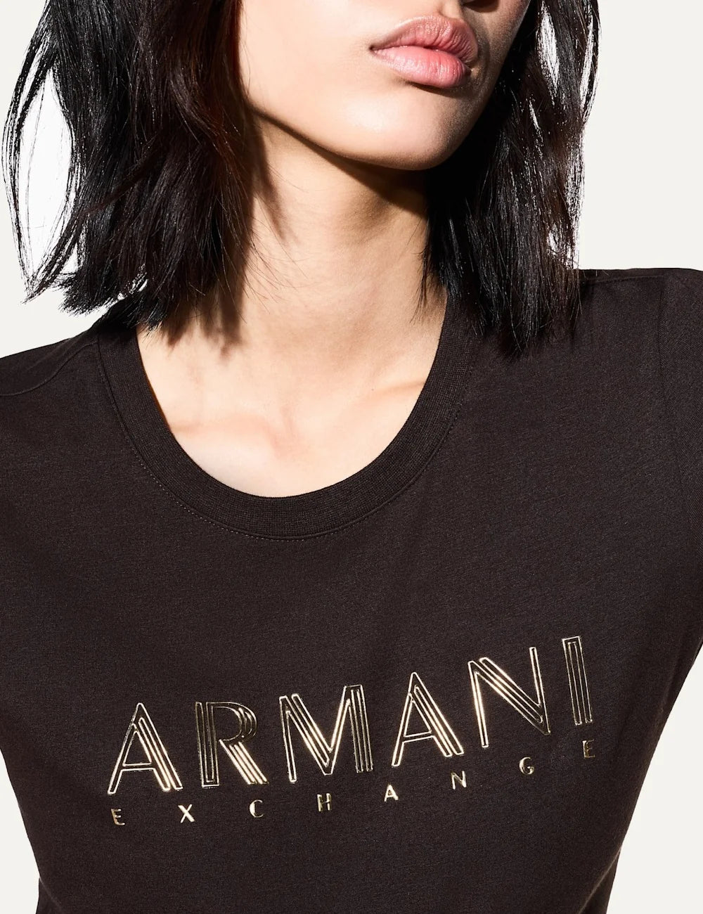 Women's Armani Exchange dark brown slim-fit cotton stretch T-shirt with crew neck, short sleeves and metallic front logo detail
