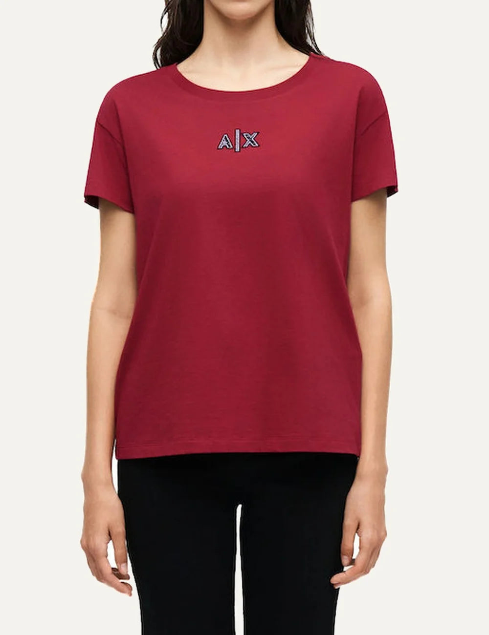 Women's Armani Exchange red cotton T-shirt with crew neck, short sleeves and embellished A|X logo with rhinestone details