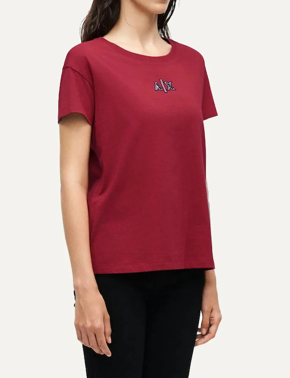 Women's Armani Exchange red cotton T-shirt with crew neck, short sleeves and embellished A|X logo with rhinestone details side
