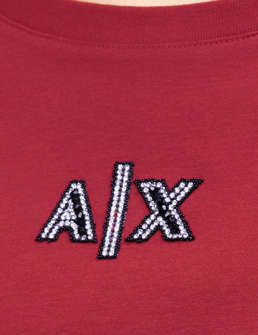Women's Armani Exchange red cotton T-shirt with crew neck, short sleeves and embellished A|X logo with rhinestone details detail