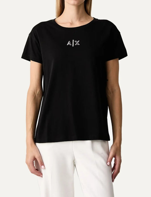 Women's Armani Exchange black cotton T-shirt with crew neck, short sleeves and crystal-embellished A|X logo
