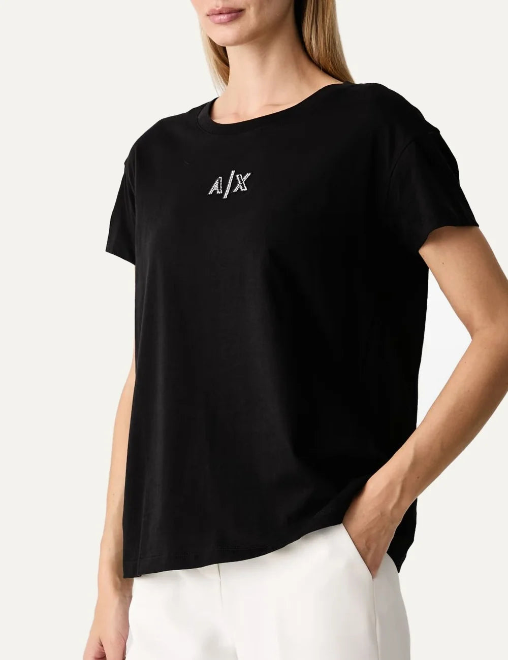 Women's Armani Exchange black cotton T-shirt with crew neck, short sleeves and crystal-embellished A|X logo side