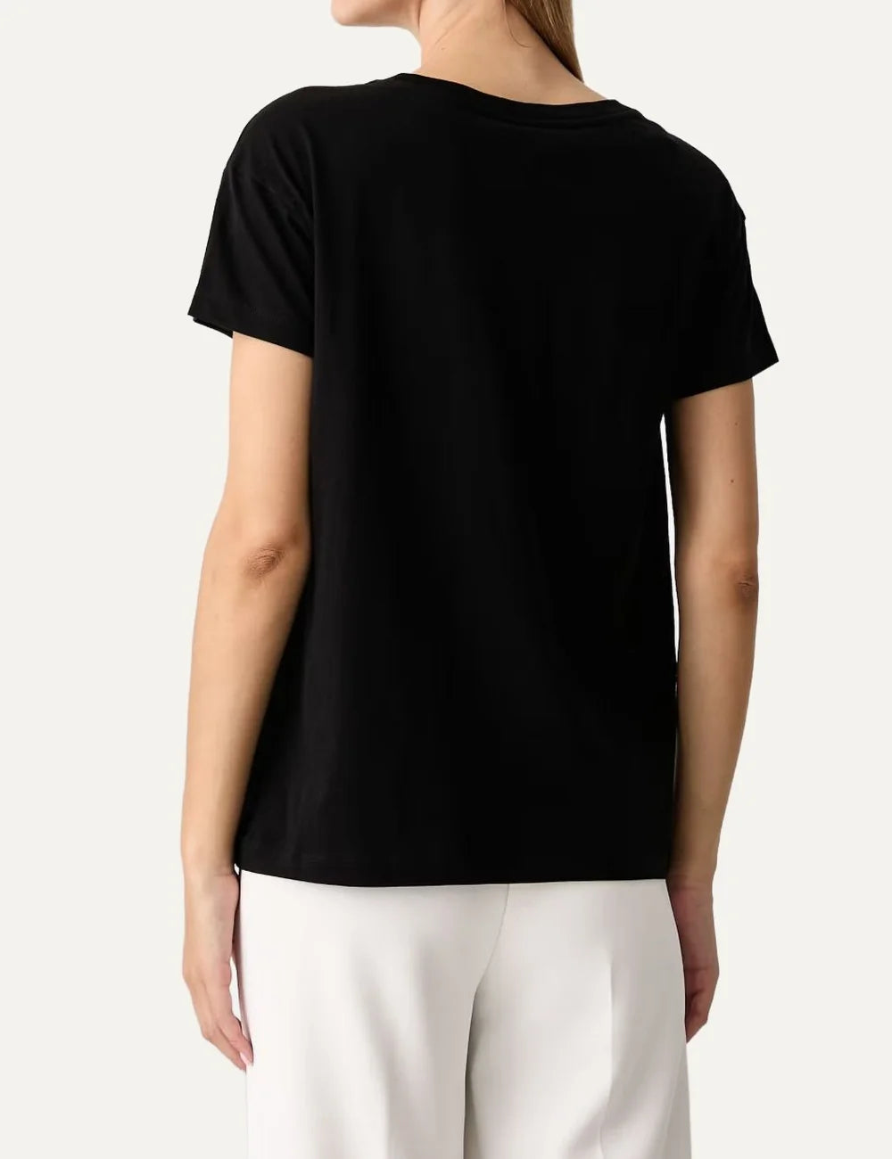 Women's Armani Exchange black cotton T-shirt with crew neck, short sleeves and crystal-embellished A|X logo back