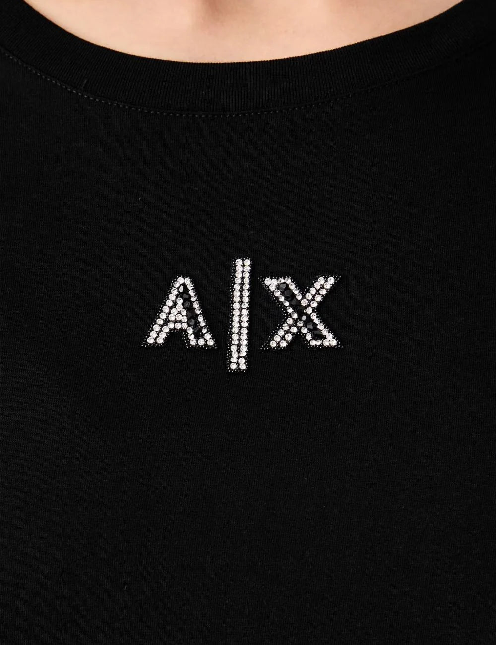Women's Armani Exchange black cotton T-shirt with crew neck, short sleeves and crystal-embellished A|X logo detail