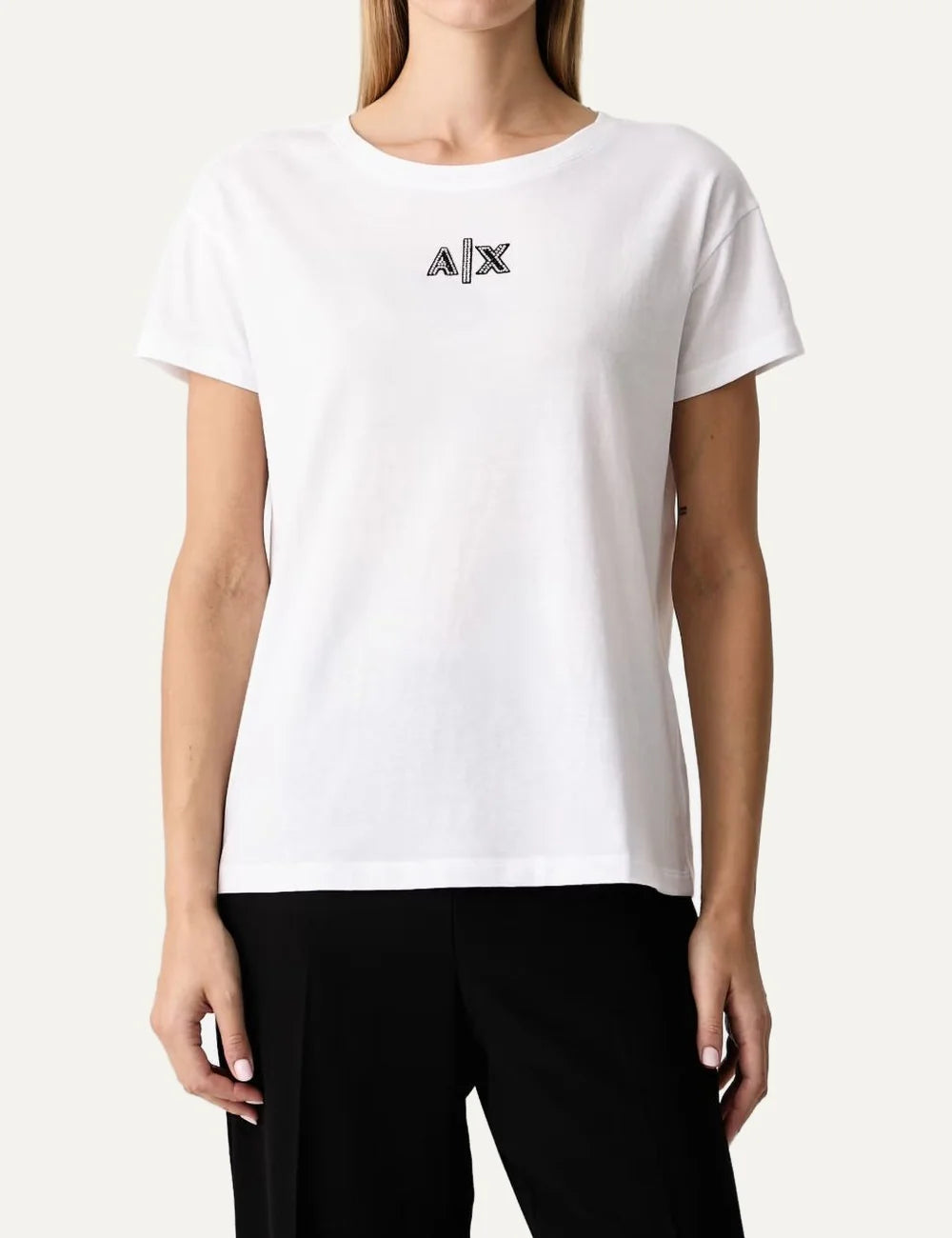 Women's Armani Exchange white cotton T-shirt with crew neck, short sleeves and crystal-embellished A|X logo