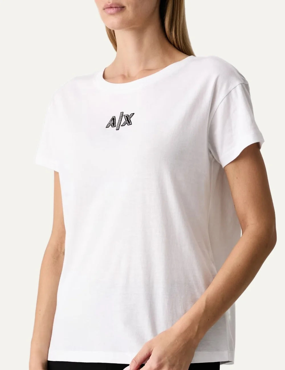 Women's Armani Exchange white cotton T-shirt with crew neck, short sleeves and crystal-embellished A|X logo detail