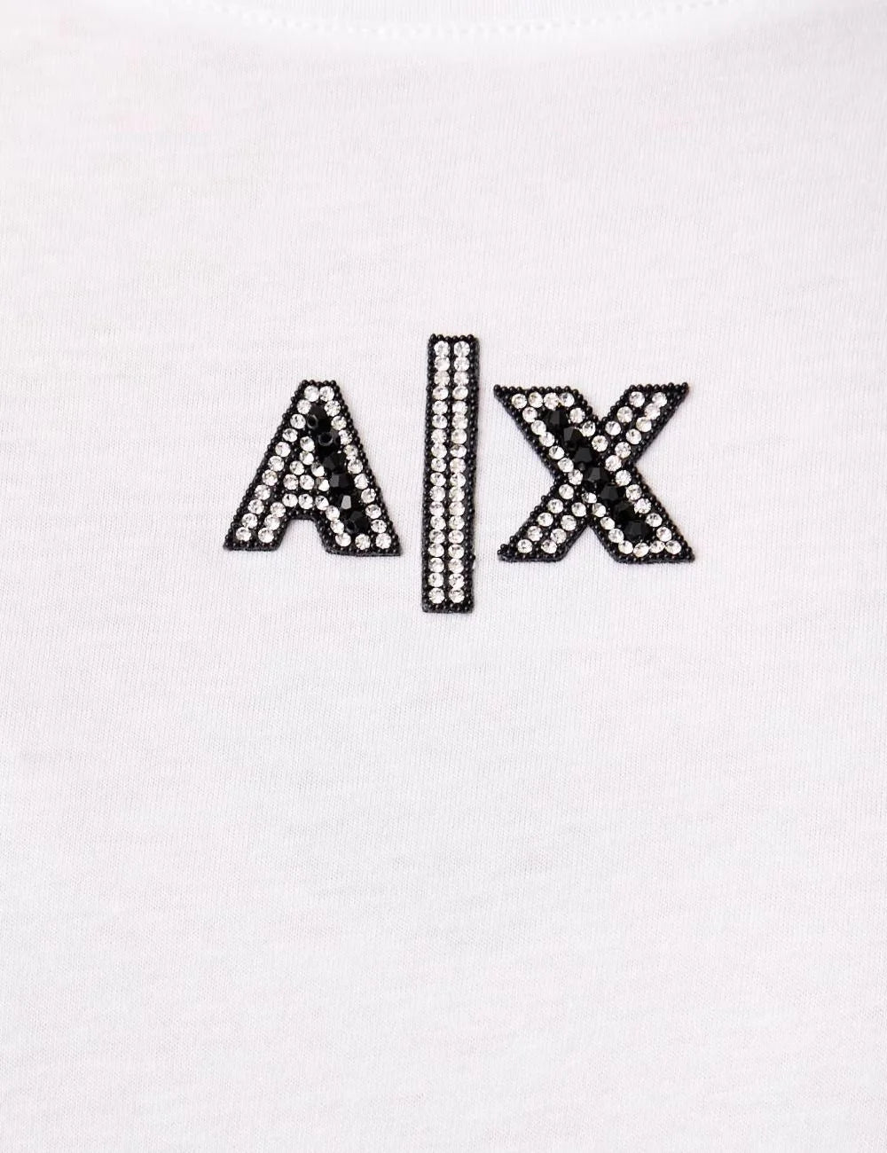 Women's Armani Exchange white cotton T-shirt with crew neck, short sleeves and crystal-embellished A|X logo details