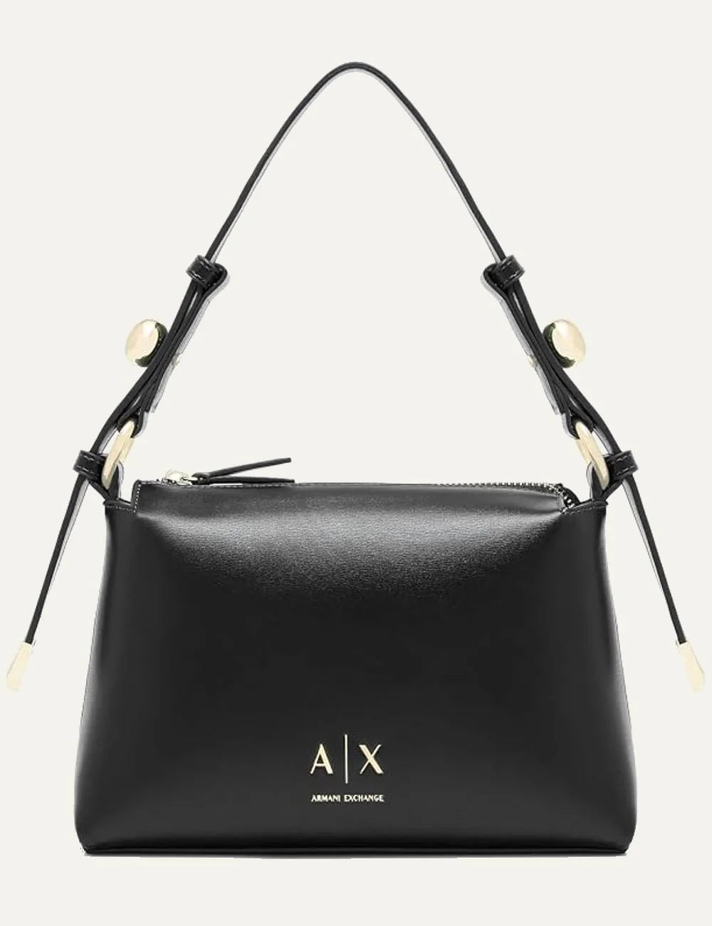 Women's Armani Exchange black shoulder bag with zip closure, slim strap, gold-tone hardware and A|X logo
