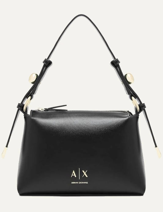 Women's Armani Exchange black shoulder bag with zip closure, slim strap, gold-tone hardware and A|X logo