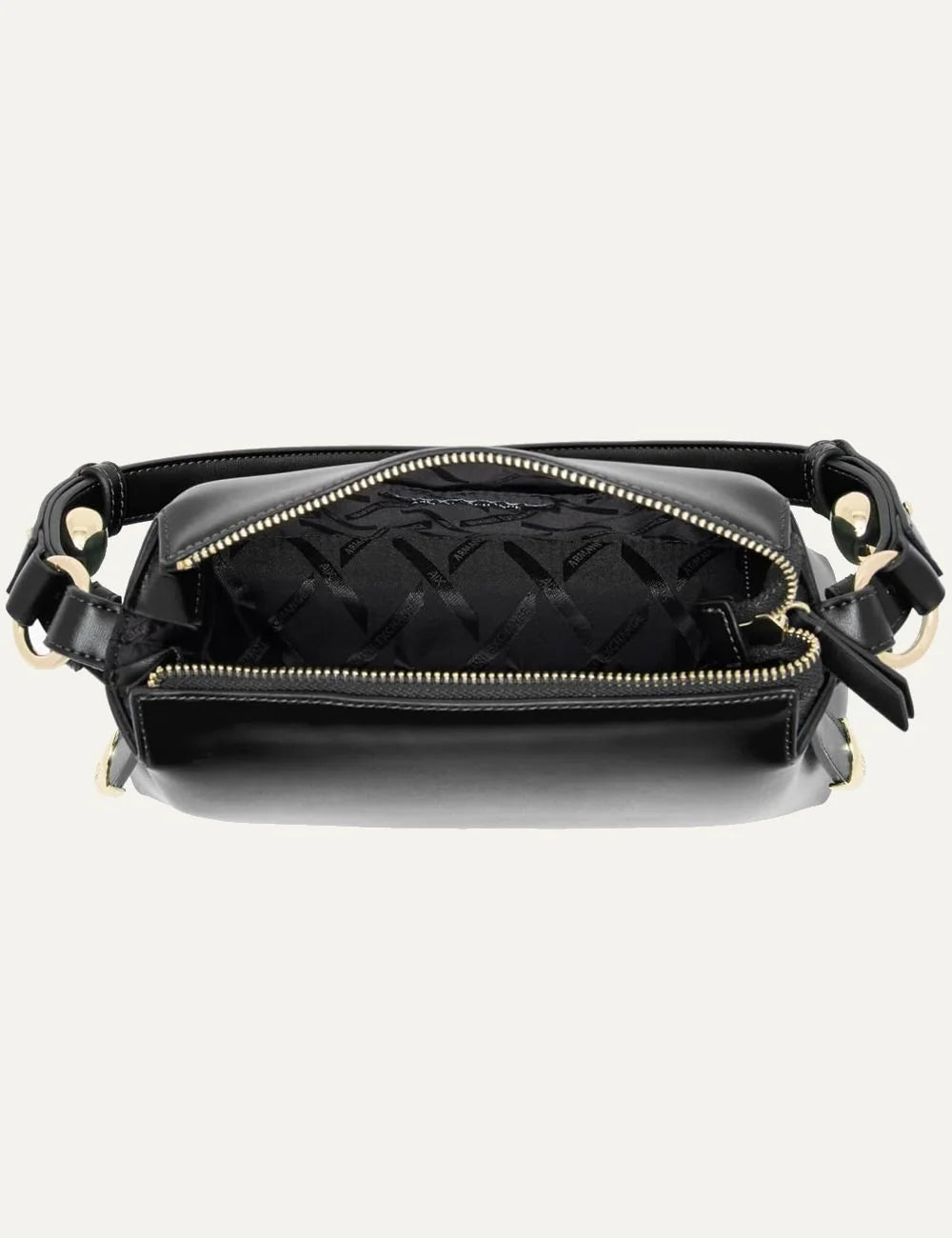 Women's Armani Exchange black shoulder bag with zip closure, slim strap, gold-tone hardware and A|X logo top