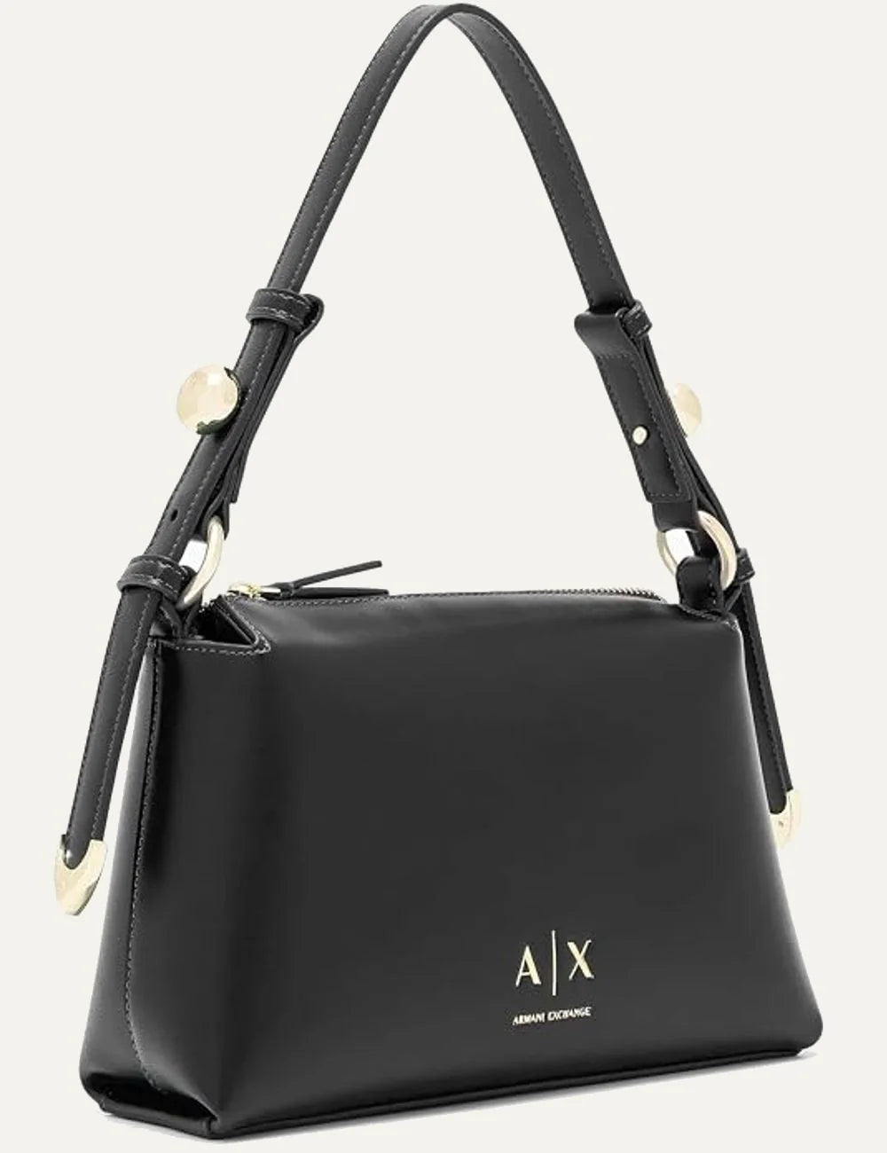 Women's Armani Exchange black shoulder bag with zip closure, slim strap, gold-tone hardware and A|X logo side