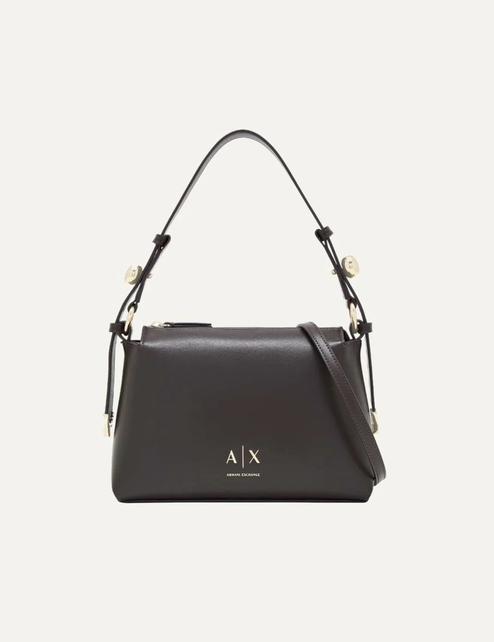Women's Armani Exchange dark brown shoulder bag with zip closure, detachable strap, gold-tone details and A|X logo