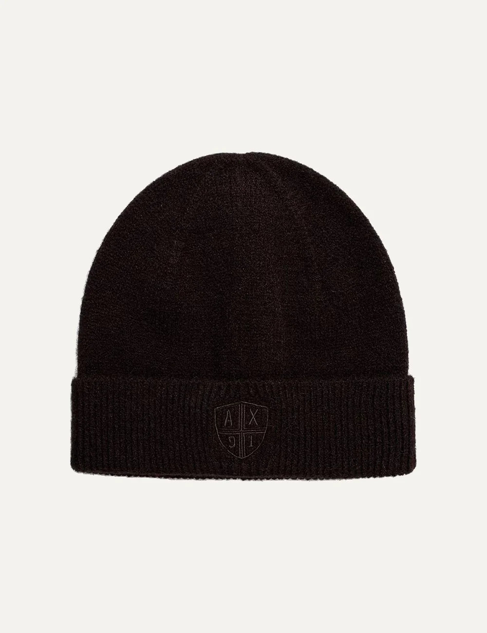 Women's Armani Exchange dark brown knit beanie with ribbed folded cuff and tonal embroidered shield logo