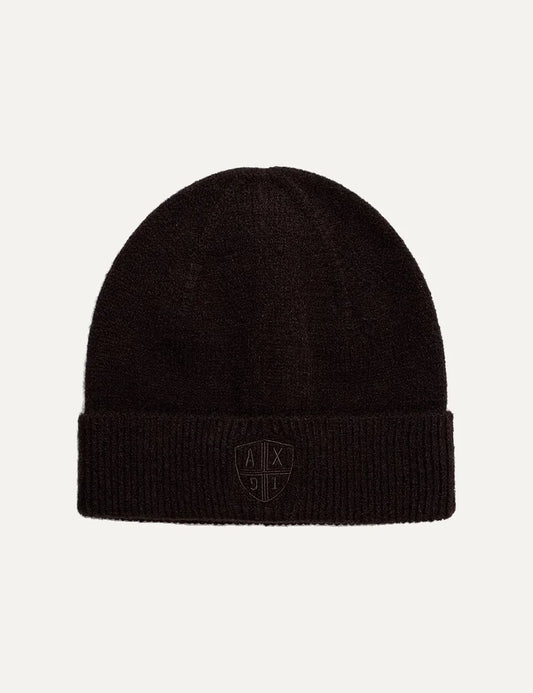 Women's Armani Exchange dark brown knit beanie with ribbed folded cuff and tonal embroidered shield logo