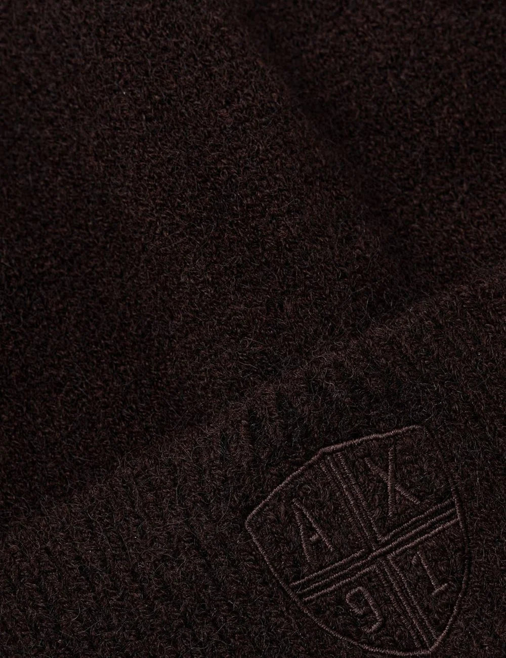 Women's Armani Exchange dark brown knit beanie with ribbed folded cuff and tonal embroidered shield logo detail