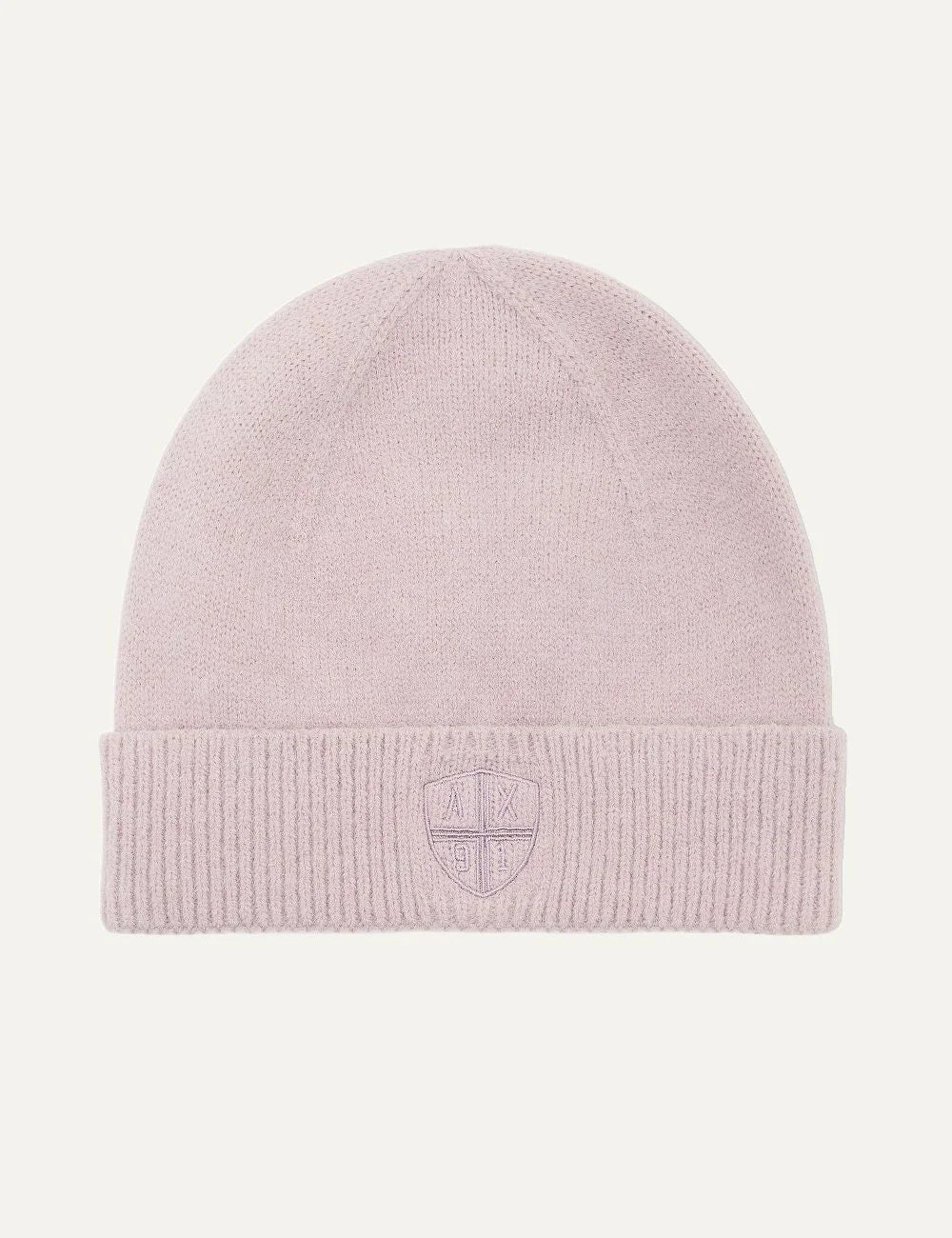 Women's Armani Exchange soft pink knit beanie with ribbed folded cuff and tonal embroidered shield logo