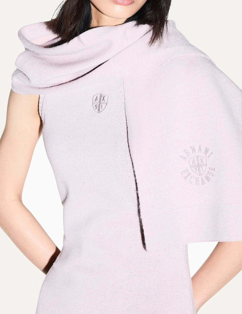 Women's Armani Exchange soft pink knit beanie with ribbed folded cuff and tonal embroidered shield logo detail
