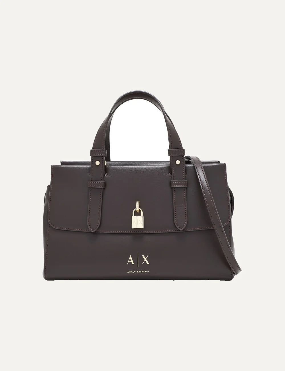 Women's Armani Exchange dark brown faux leather tote bag with two top handles, adjustable detachable shoulder strap, gold-tone A|X padlock and front logo