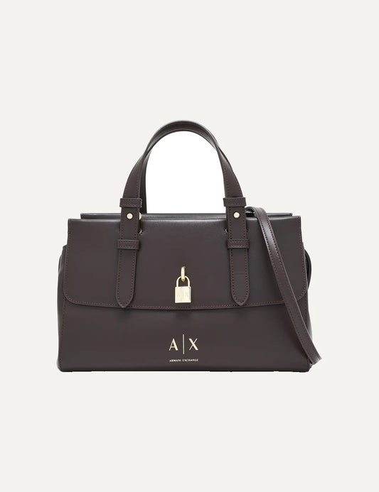 Women's Armani Exchange dark brown faux leather tote bag with two top handles, adjustable detachable shoulder strap, gold-tone A|X padlock and front logo