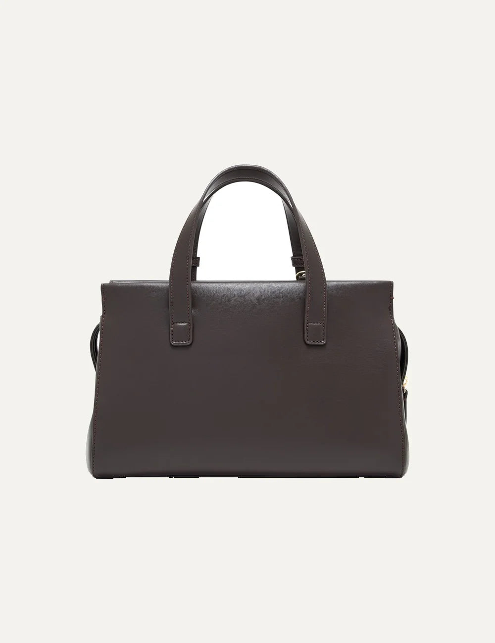 Women's Armani Exchange dark brown faux leather tote bag with two top handles, adjustable detachable shoulder strap, gold-tone A|X padlock and front logo back
