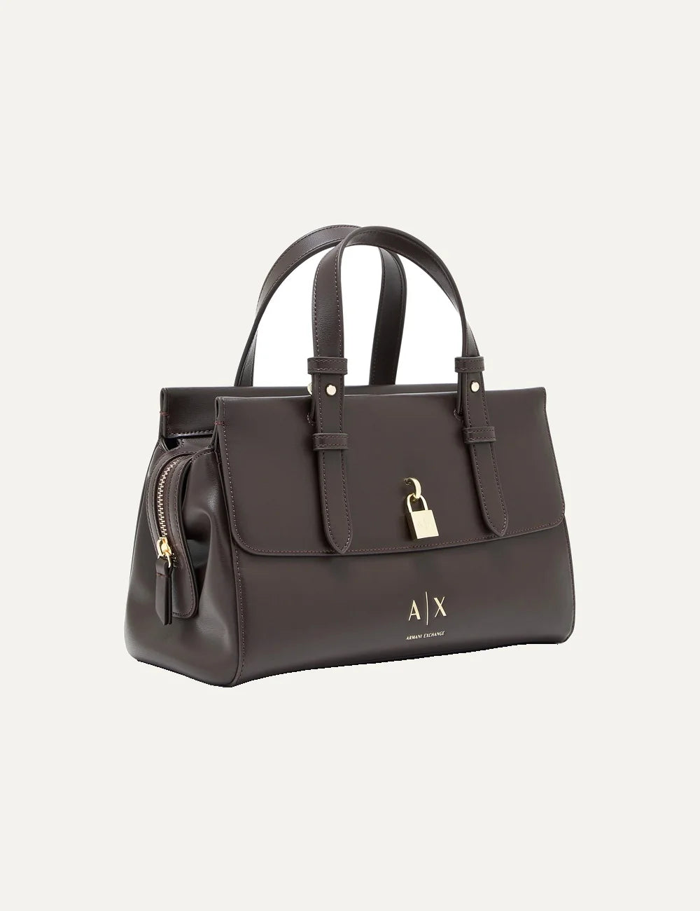 Women's Armani Exchange dark brown faux leather tote bag with two top handles, adjustable detachable shoulder strap, gold-tone A|X padlock and front logo side