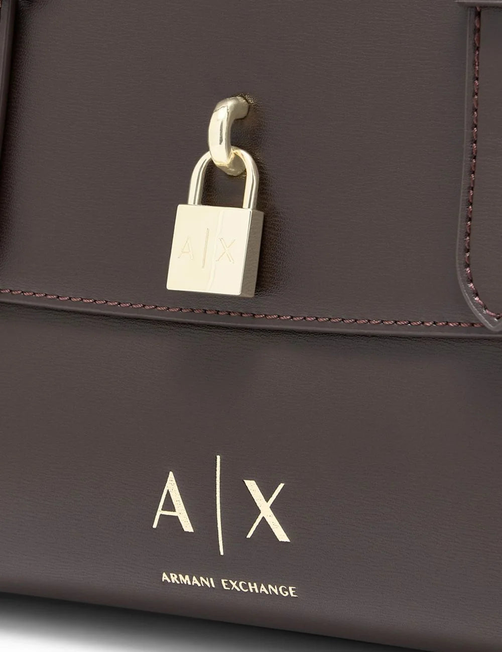 Women's Armani Exchange dark brown faux leather tote bag with two top handles, adjustable detachable shoulder strap, gold-tone A|X padlock and front logo detail