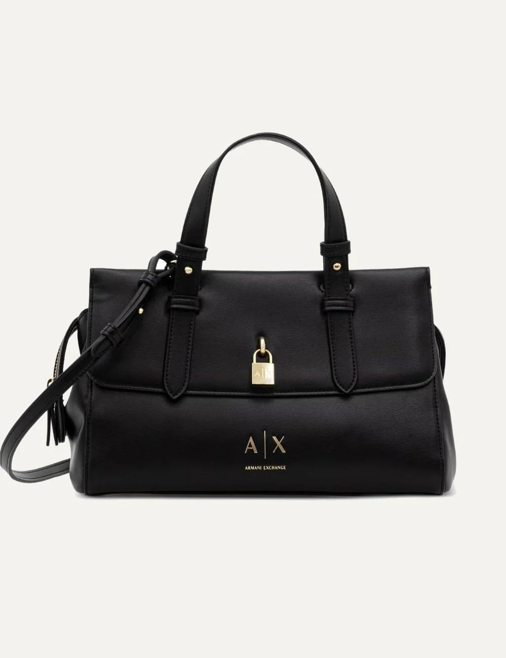 Women's Armani Exchange black handbag with two top handles, gold-tone A|X padlock detail, front logo and detachable adjustable shoulder strap