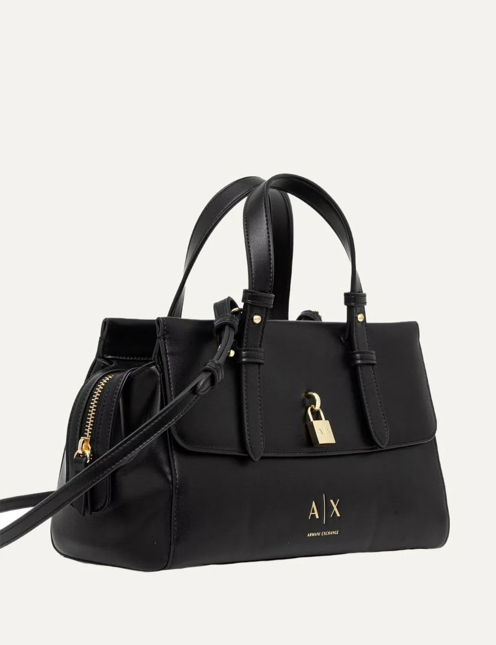 Women's Armani Exchange black handbag with two top handles, gold-tone A|X padlock detail, front logo and detachable adjustable shoulder strap side