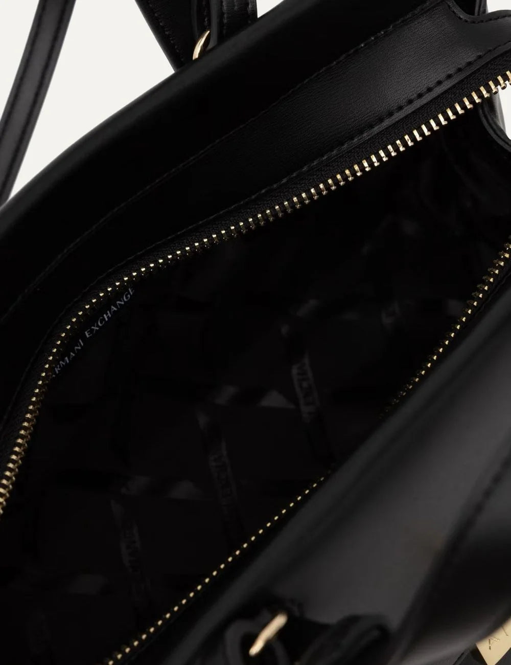 Women's Armani Exchange black handbag with two top handles, gold-tone A|X padlock detail, front logo and detachable adjustable shoulder strap top