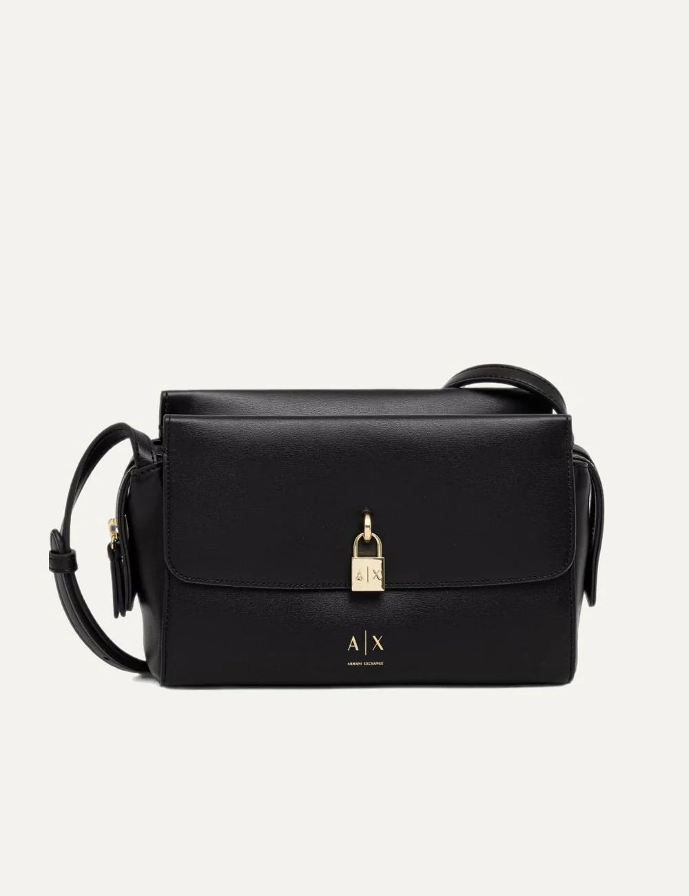 Women's Armani Exchange black shoulder bag with foldover flap, gold-tone padlock detail, front logo and adjustable shoulder strap